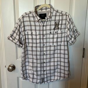 Harley Davidson Men’s Gray Plaid Shirt, Short Sleeve, Snaps, Metal Logo, Large